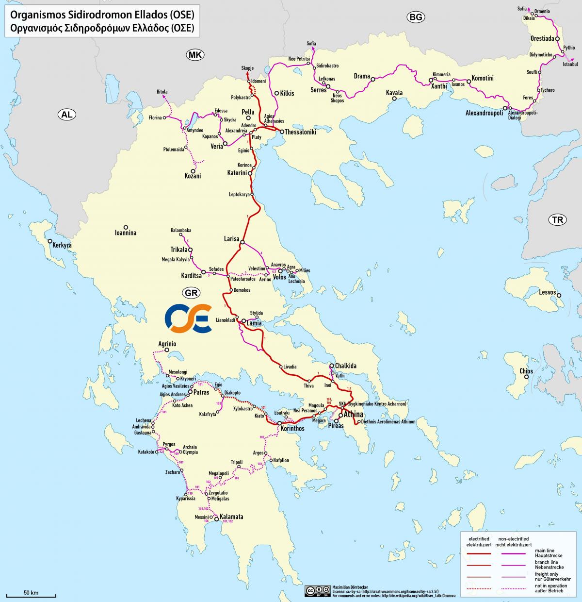 Carte des lignes ferroviaires de la Grèce