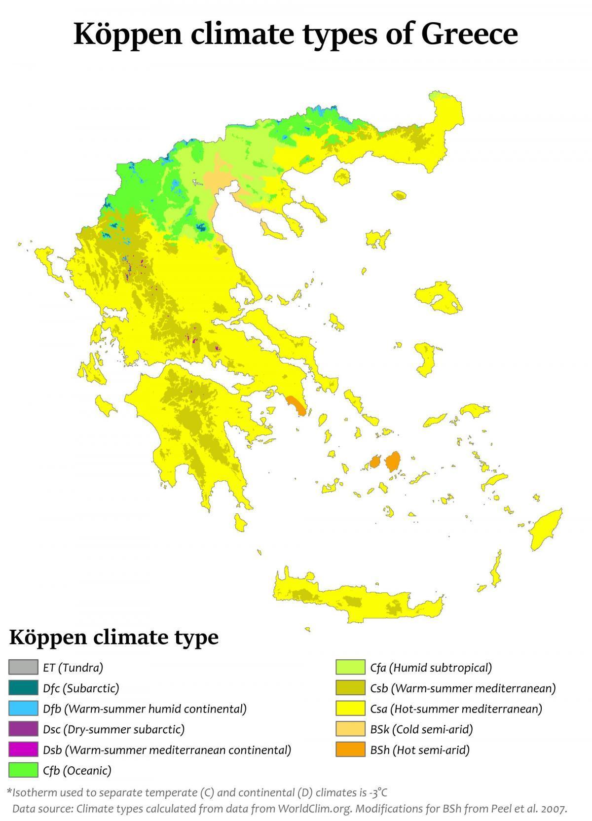 Carte des températures en Grèce